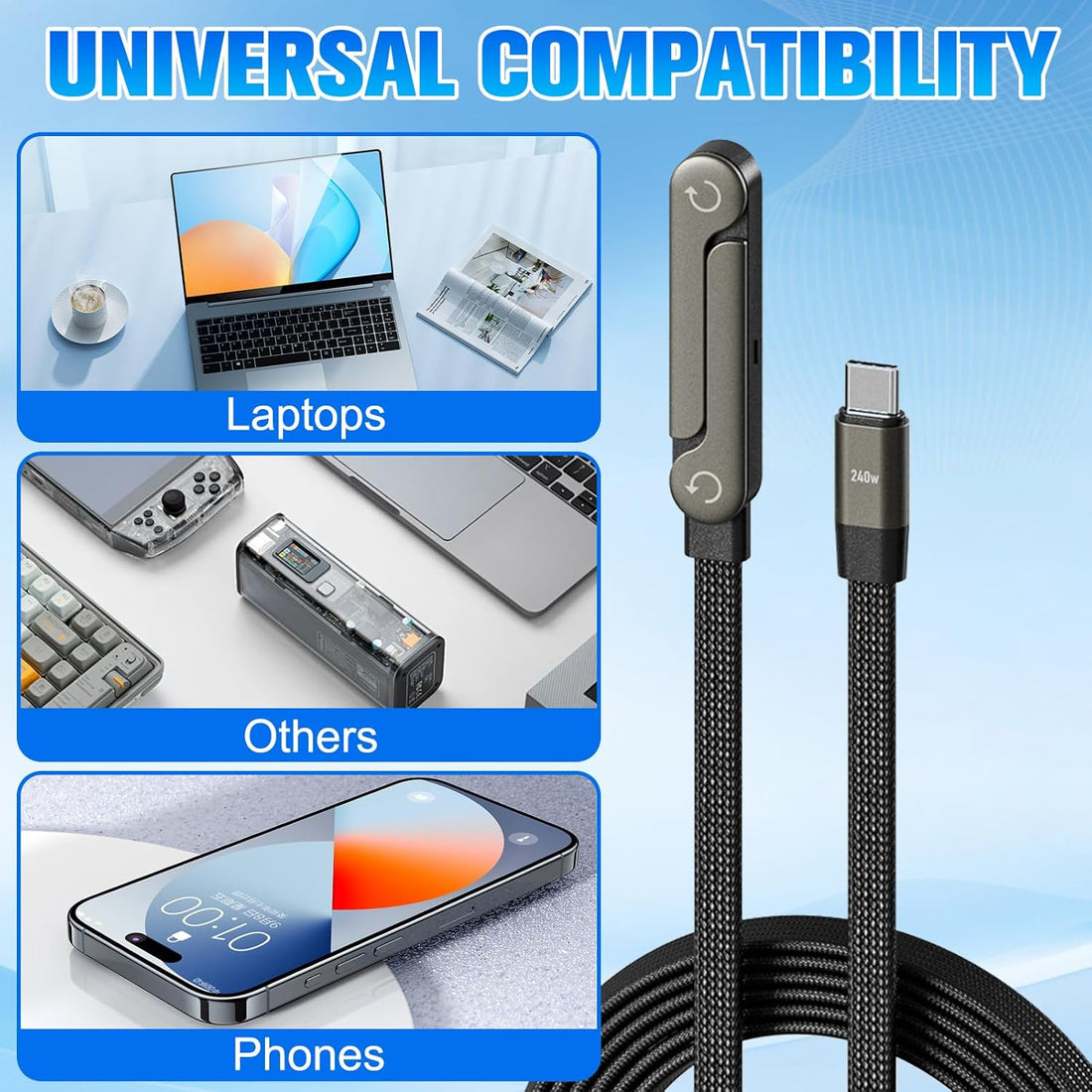 Sideways Phone Charger, 2 in 1 Invisible Holder Charger Cable, 240W