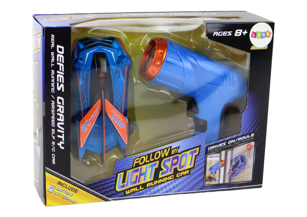 Sports car driving on the walls and ceiling with a blue laser